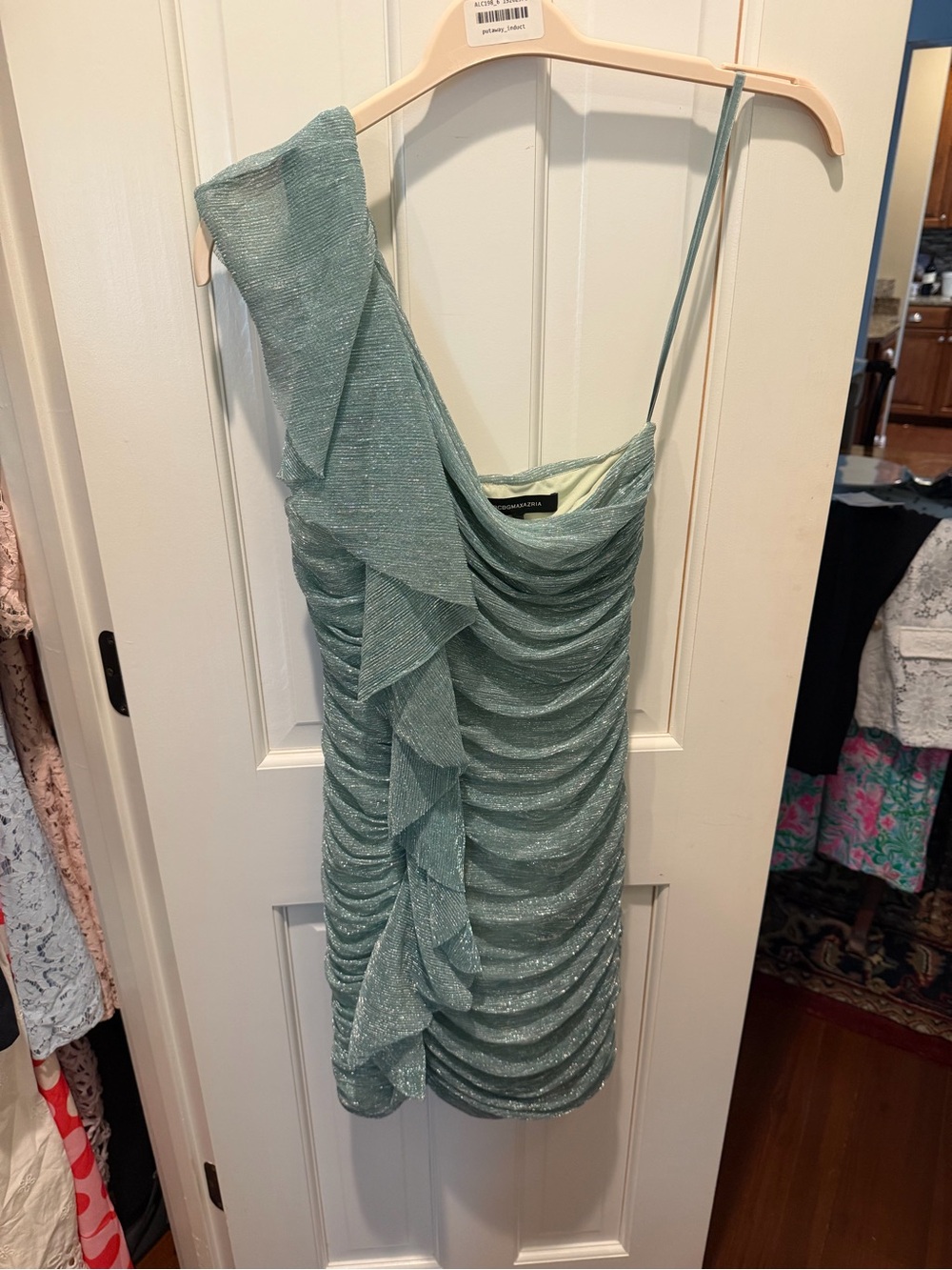 BCBGMaxAzria One-Shoulder Ruffle Ruched Mint Dress - Picture 2 of 4